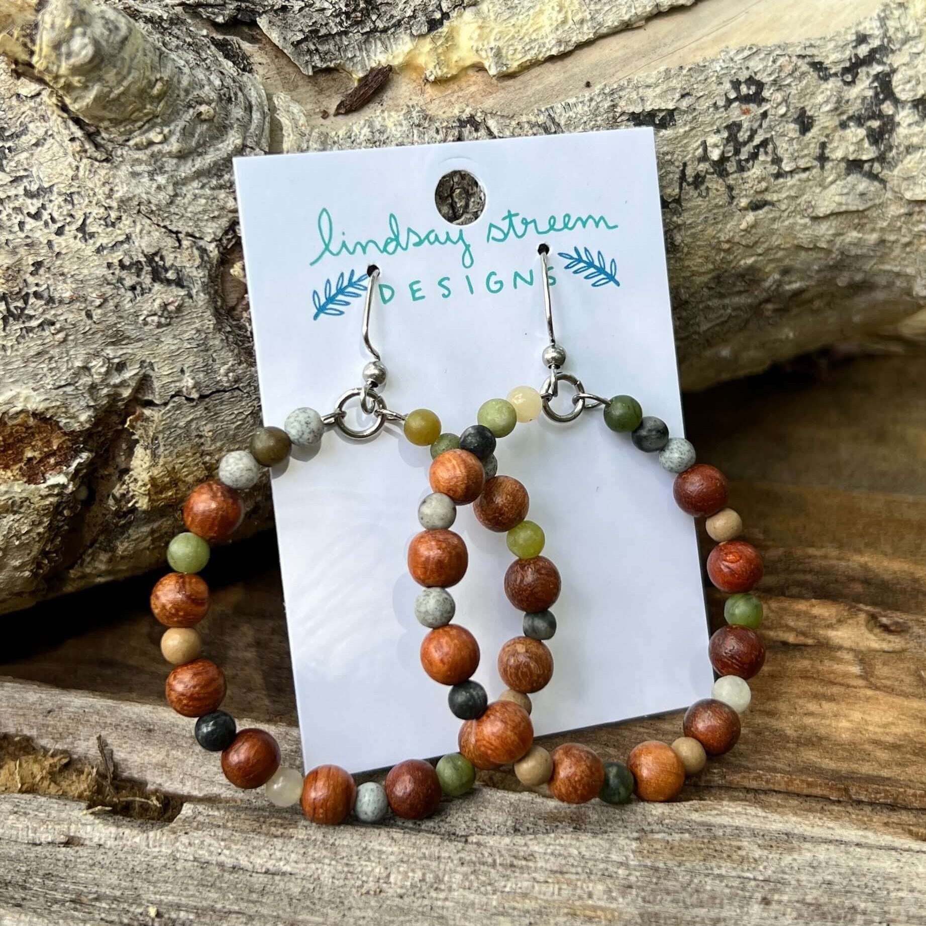Woodland Hoop Earrings - Light Wood and Jasper