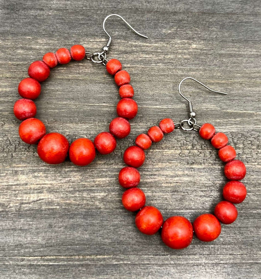 orange wood bead hoop earrings