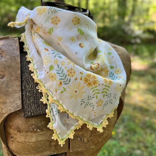 yellow floral bandana with crochet lace edging