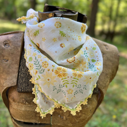 yellow floral bandana with crochet lace edging