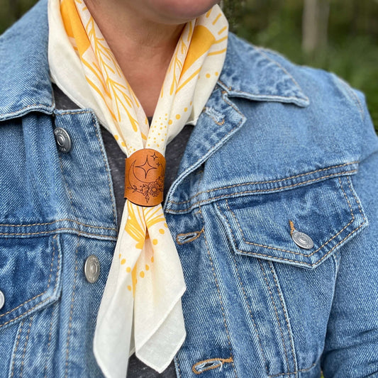 yellow poppy flower bandana style scarf with leather slide
