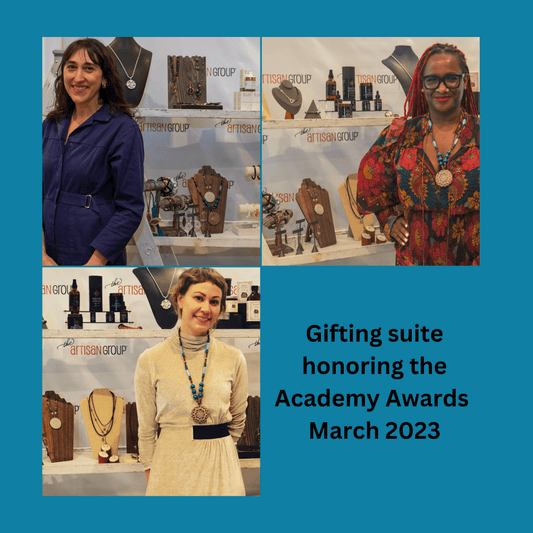 Long Wood Bead Necklace with Crocheted Pendant - Teal and Taupe