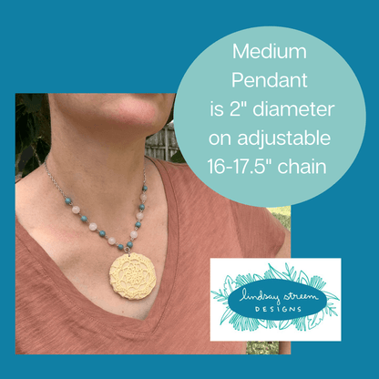 Boho Crochet Pendant Statement Necklace - Medium Pendant in Soft Yellow with Pink Aventurine