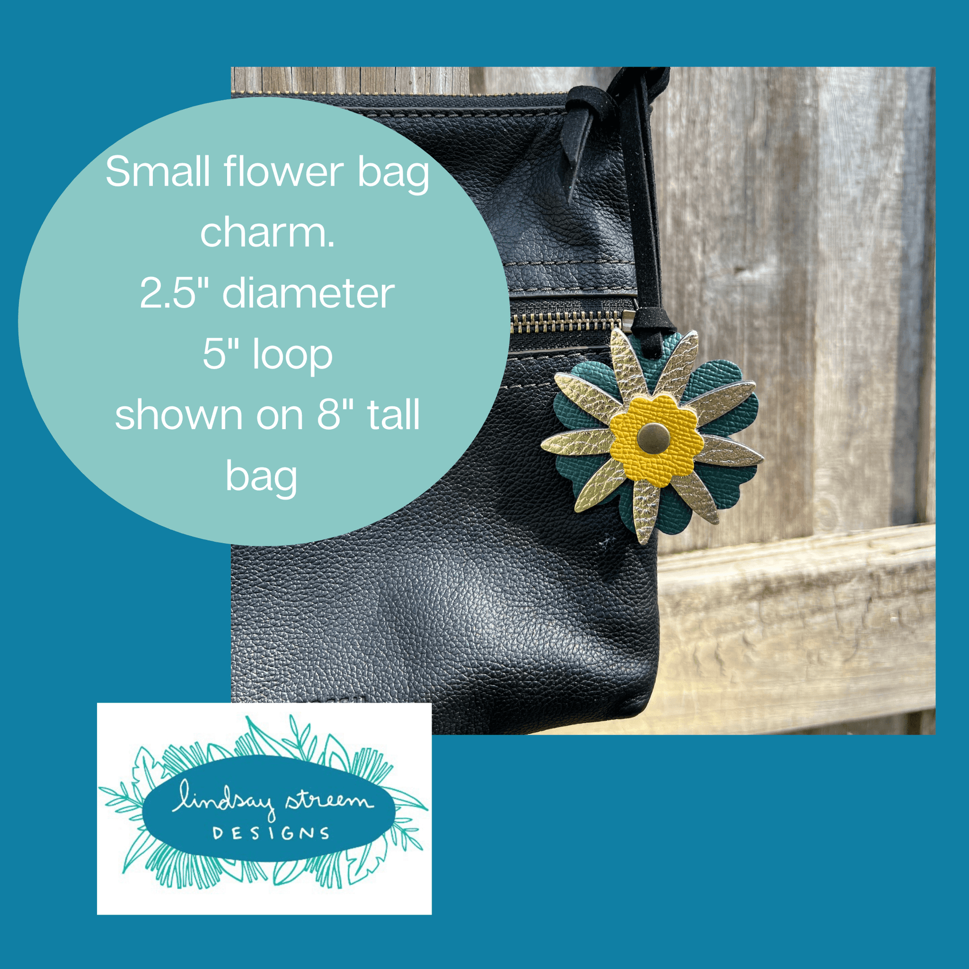 Small Leather Flower Purse Charm - Blue, Orange and YellowWhen you want just a little pop of color for your handbag or purse. Update an old bag or tote with a genuine leather layered flower. Add a single flower to your small cross body or layer with other