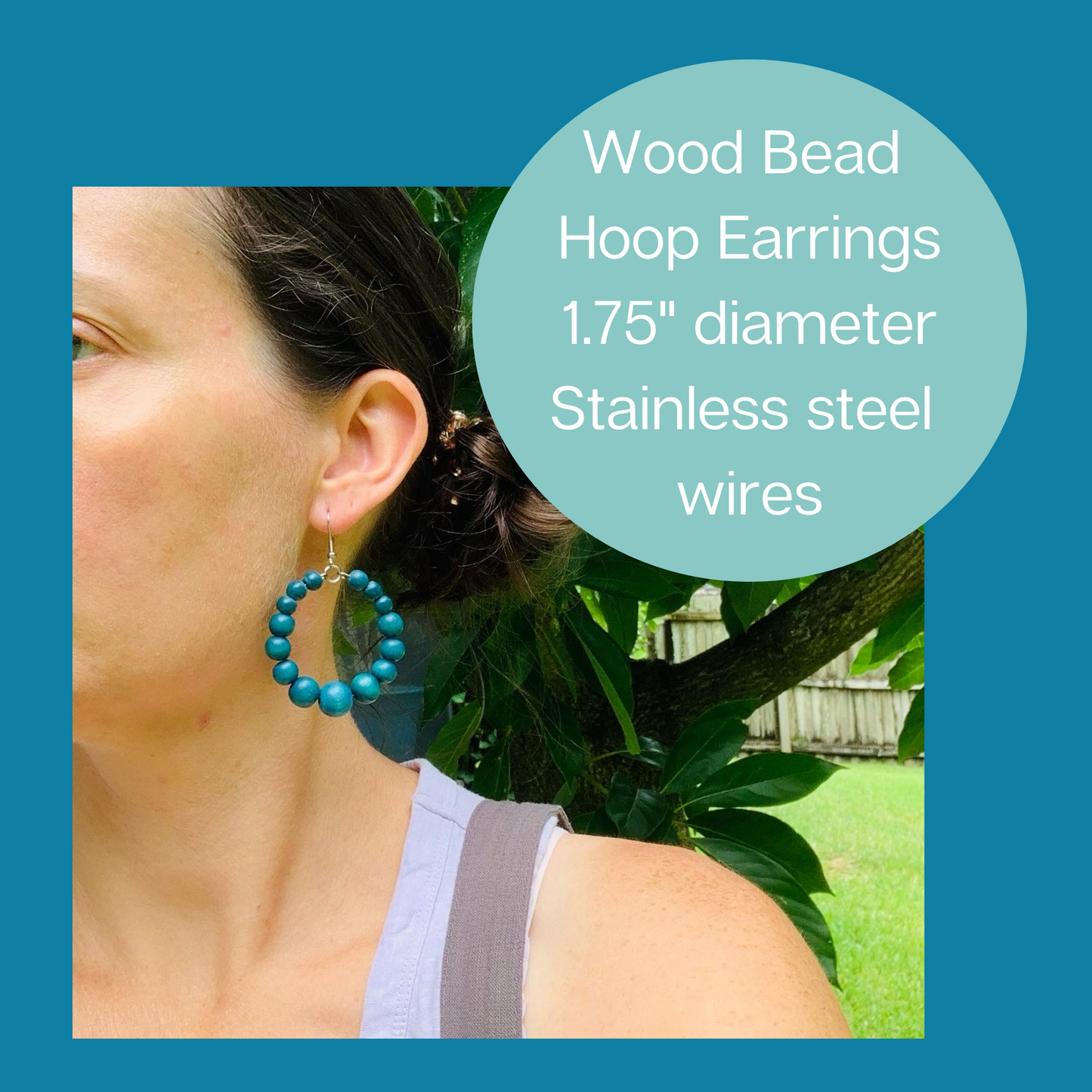 Graduated Wood Bead Hoop Earrings - Teal Blue