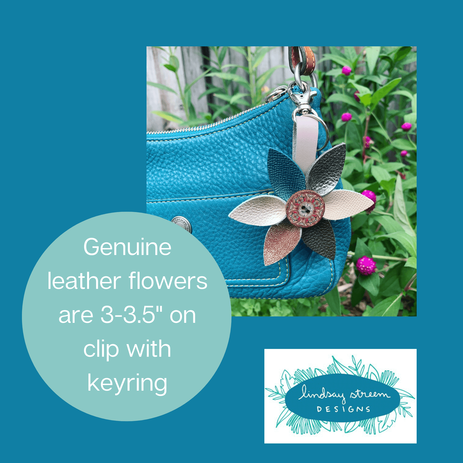 Leather Flower Bag Charm Keychain - Chalk WhiteLeather purse charms are a great way to update your handbag, purse or tote. Each flower is crafted with leather petals securely sewn and glued together. Colorful wooden button adds a little boho flair. Flower