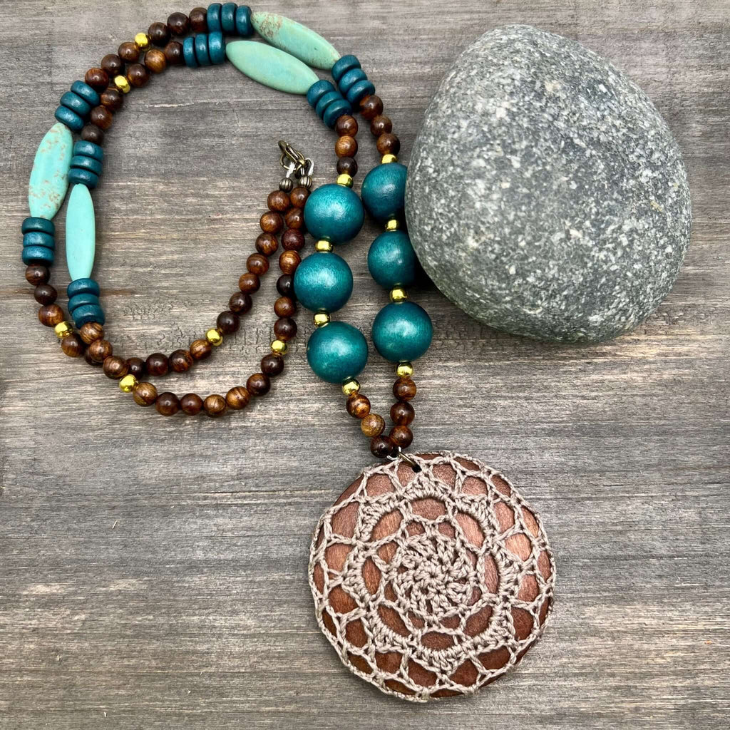 Long Wood Bead Necklace with Crocheted Pendant - Teal and Taupe