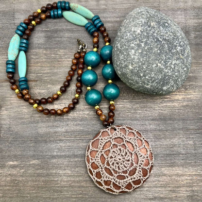 Long Wood Bead Necklace with Crocheted Pendant - Teal and Taupe