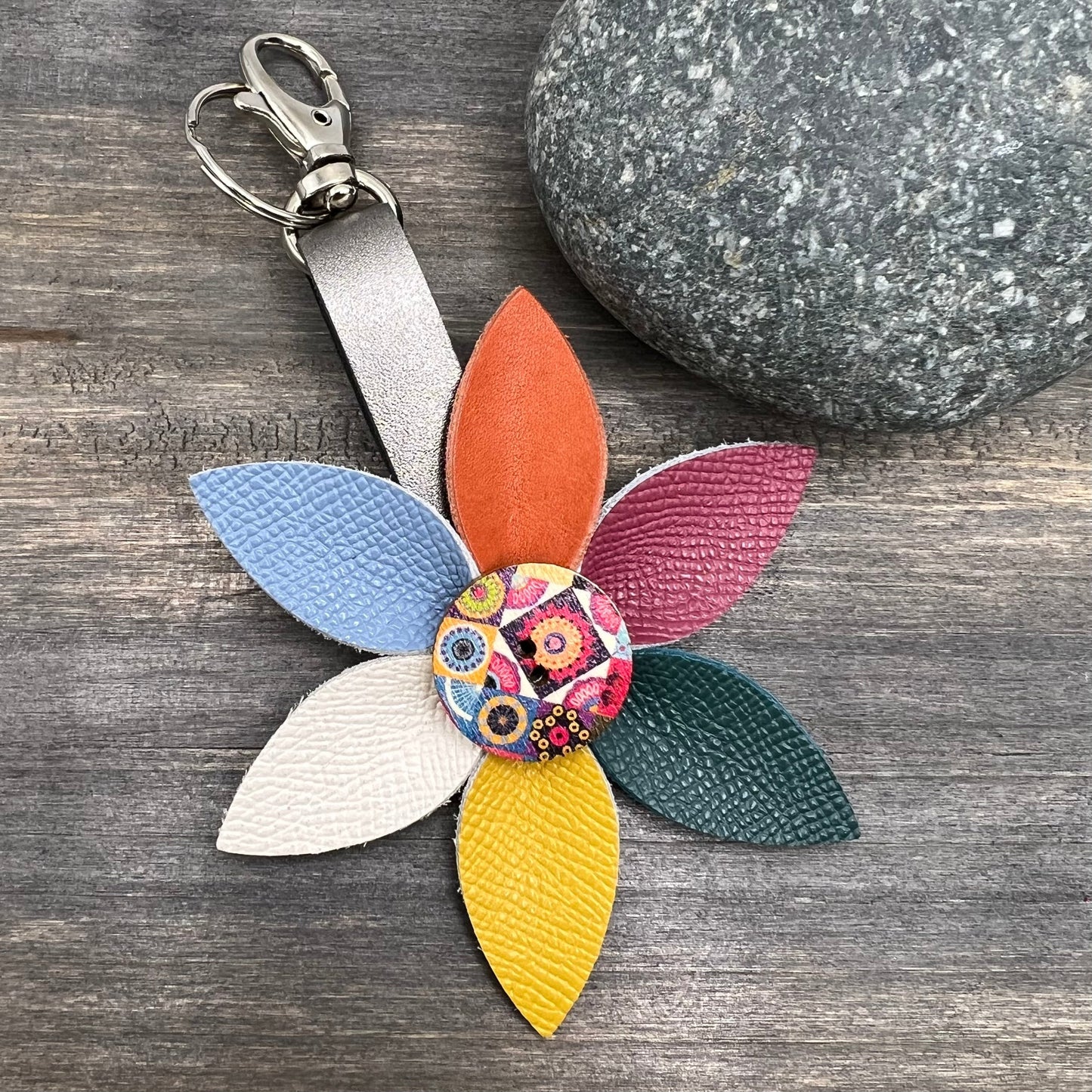 colorful leather flower purse charm with keychain