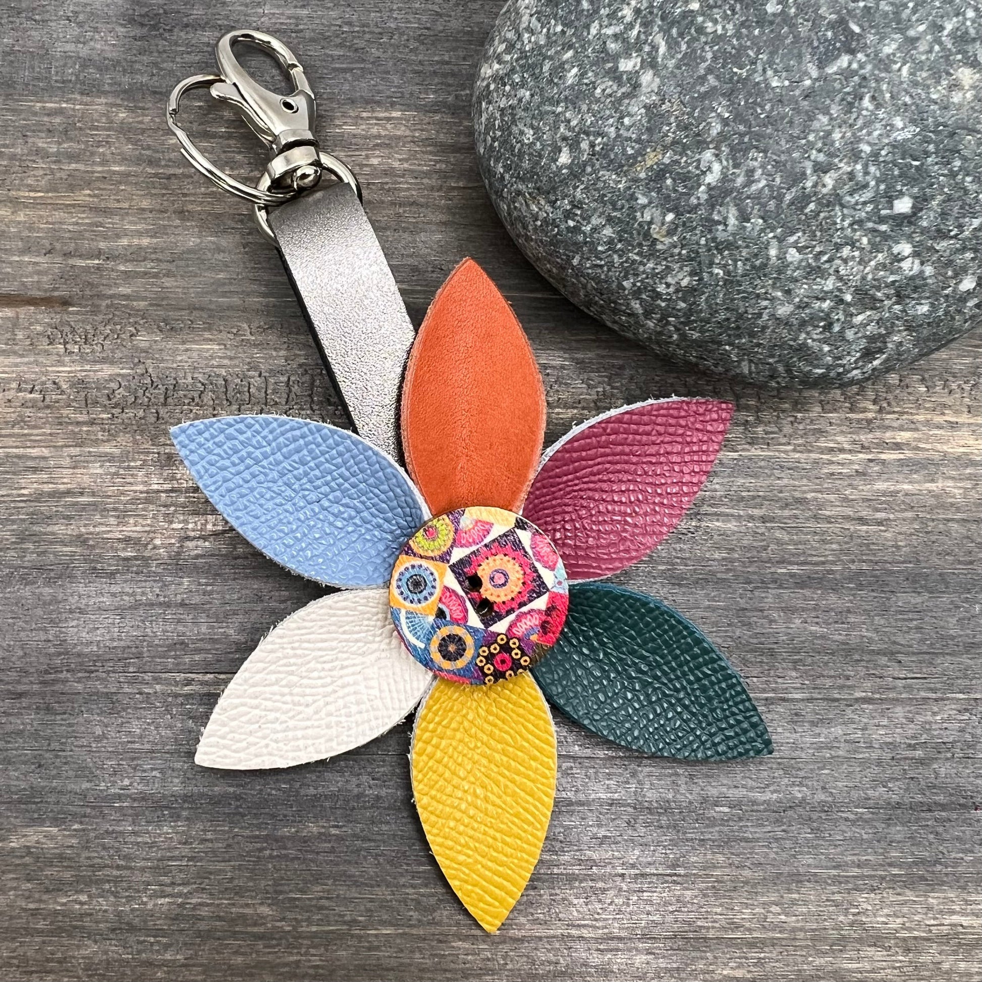 Leather Flower Bag Charm with Tote Loop Multi with Yellow