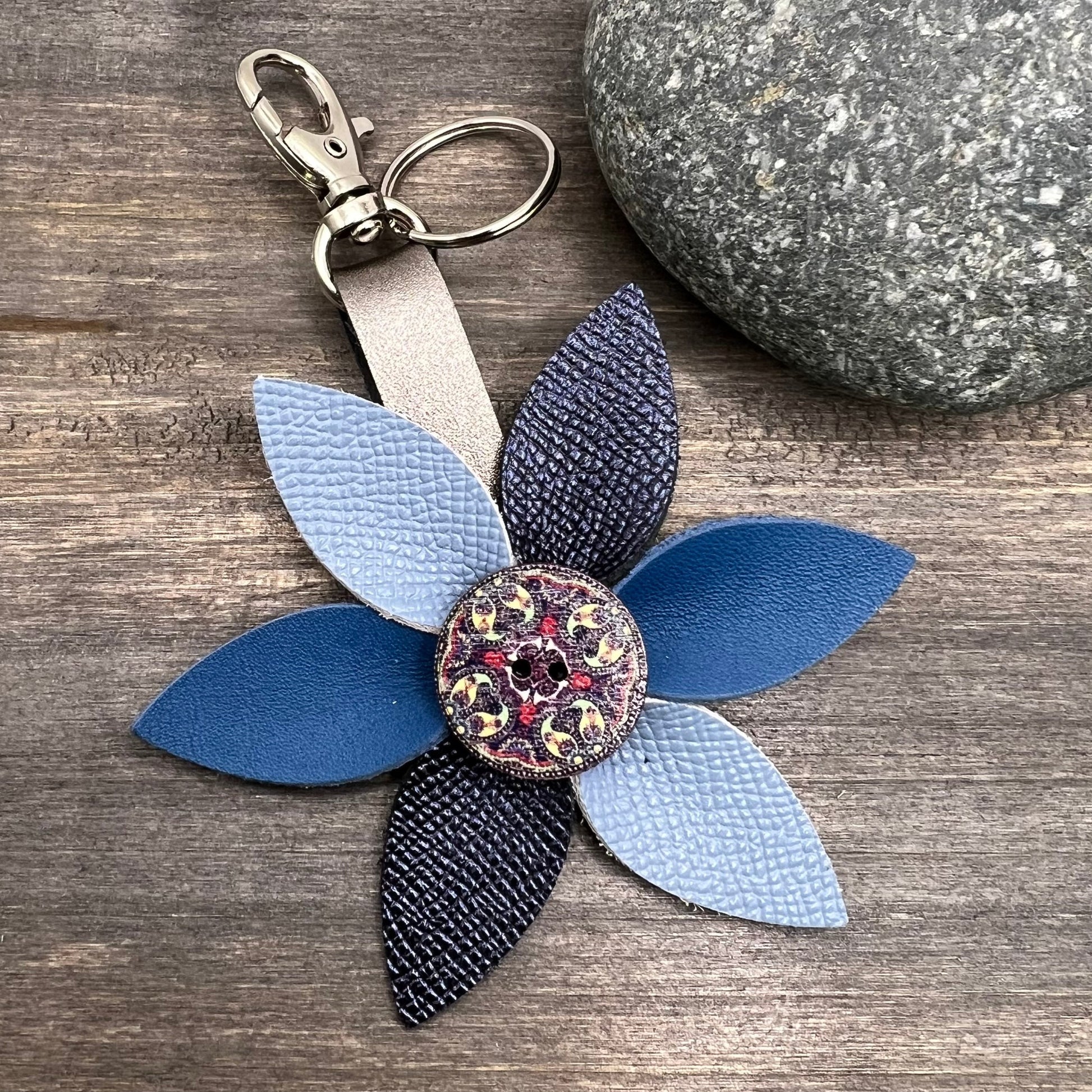 blue leather flower purse charm and keychain