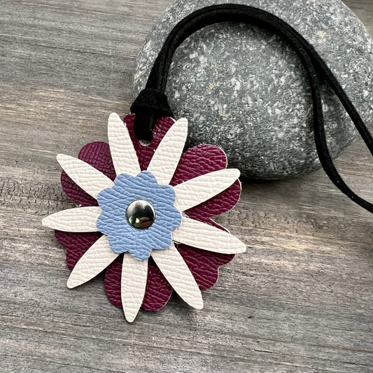 small leather purse charm. deep pink, white and blue leather