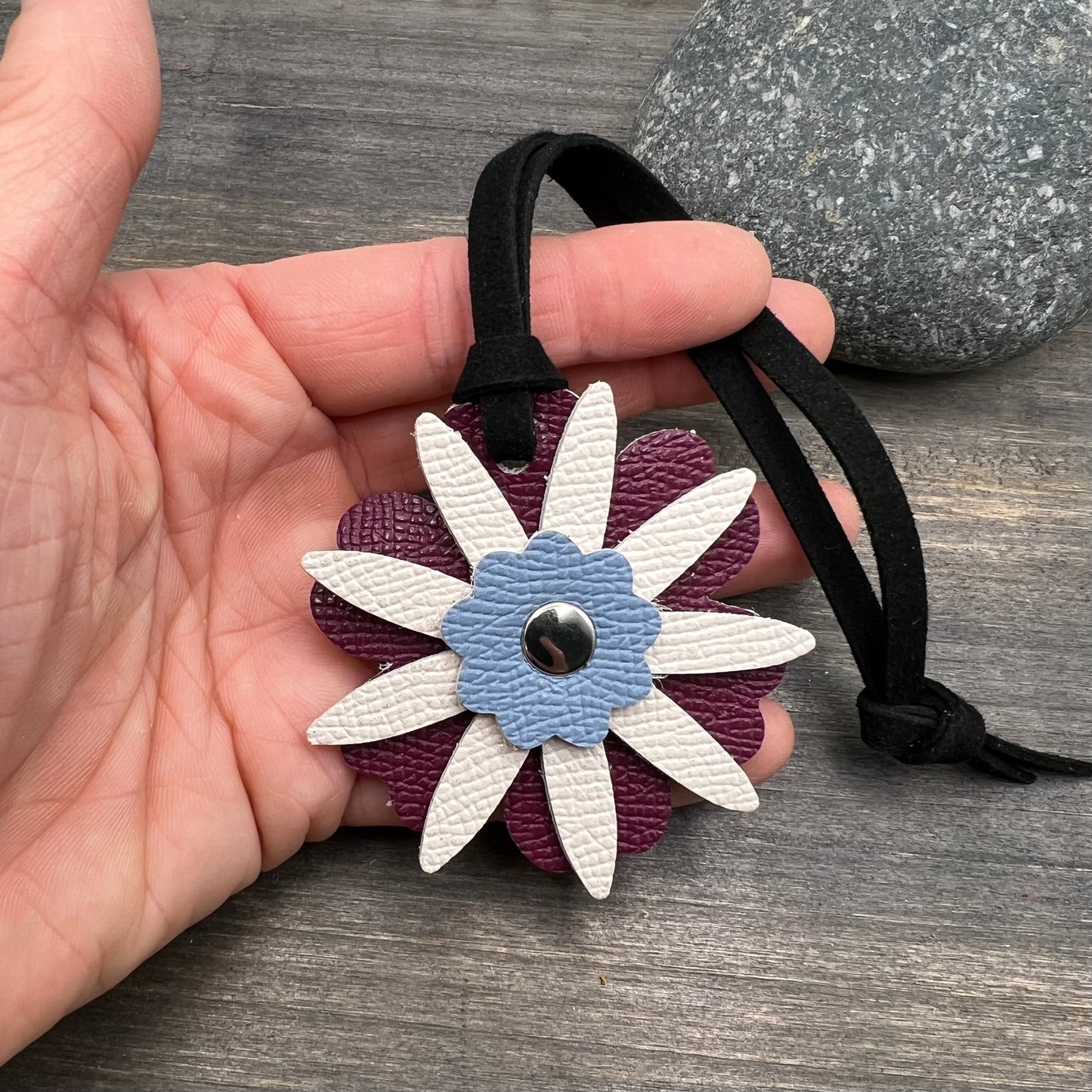 Small Leather Flower Purse Charm - Deep Pink, Blue and White