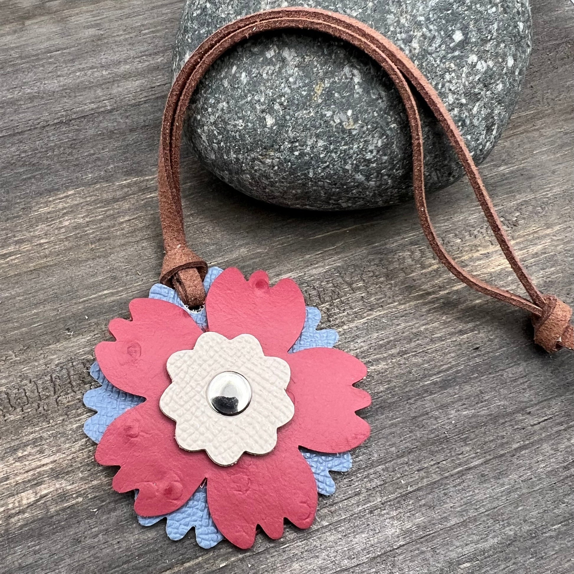 light blue, pink and white leather flower purse charm