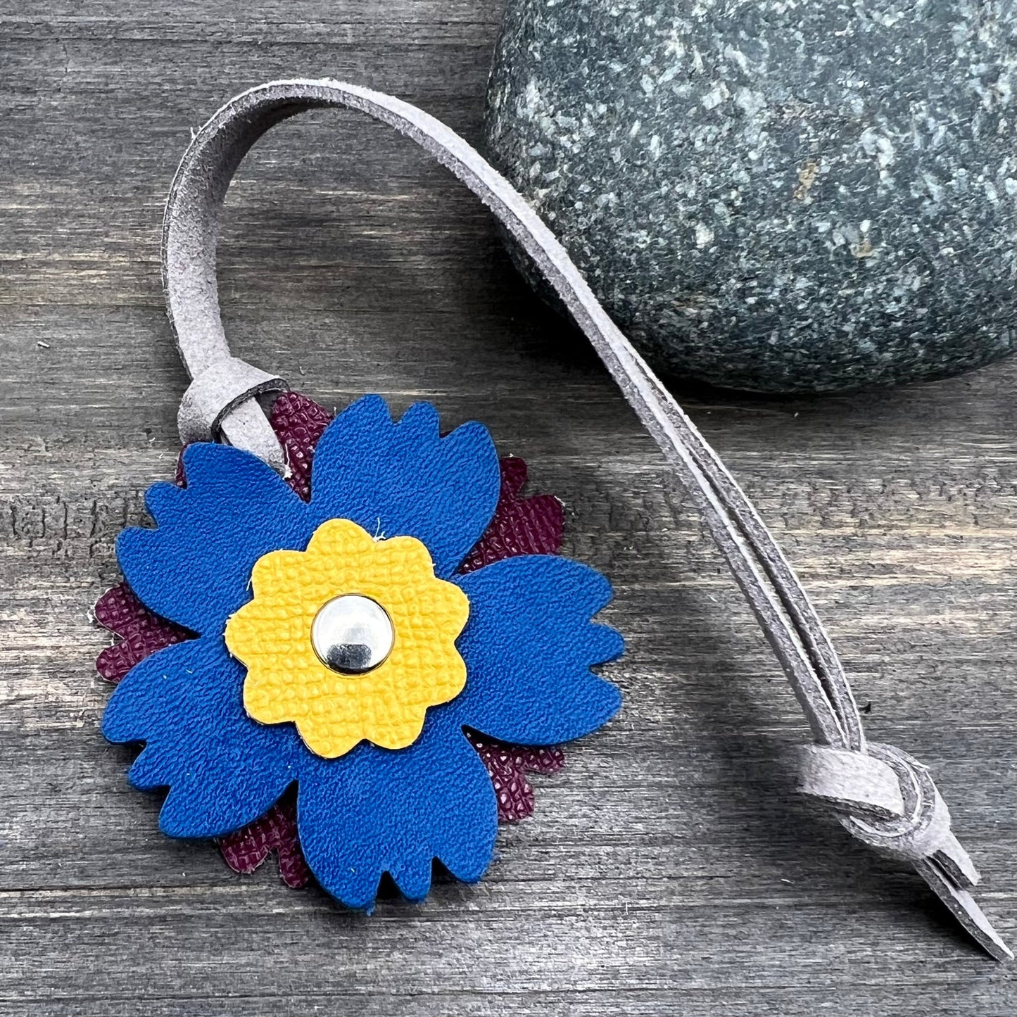 deep pink, bright blue and yellow leather flower purse charm