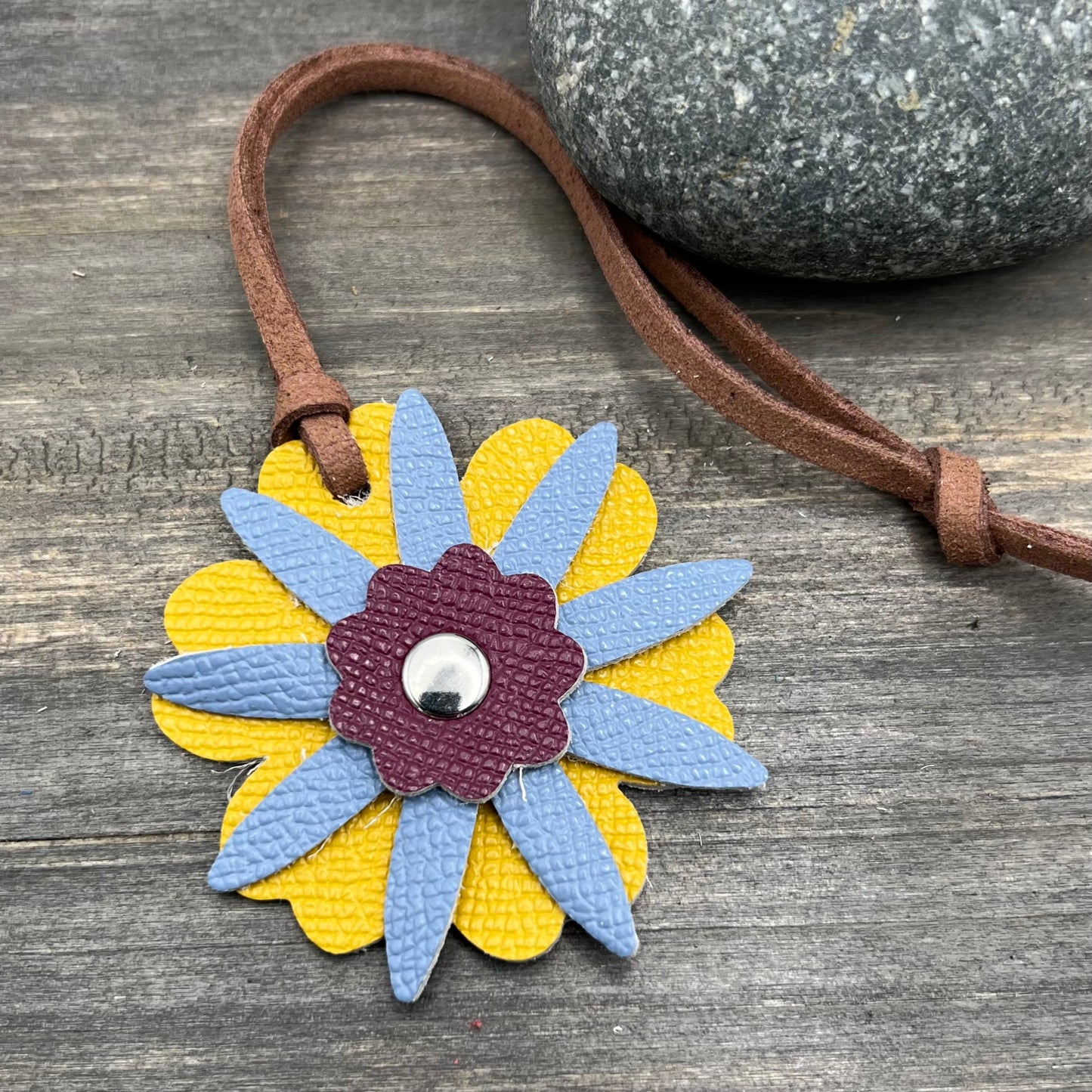 leather flower purse charm in yellow,light blue and deep pink