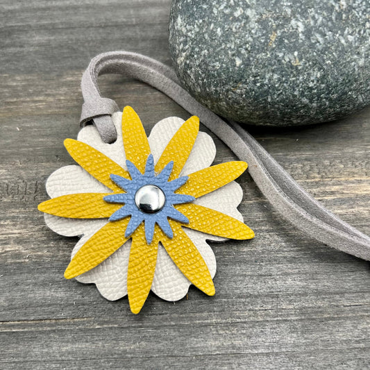white, yellow and blue leather flower purse charm