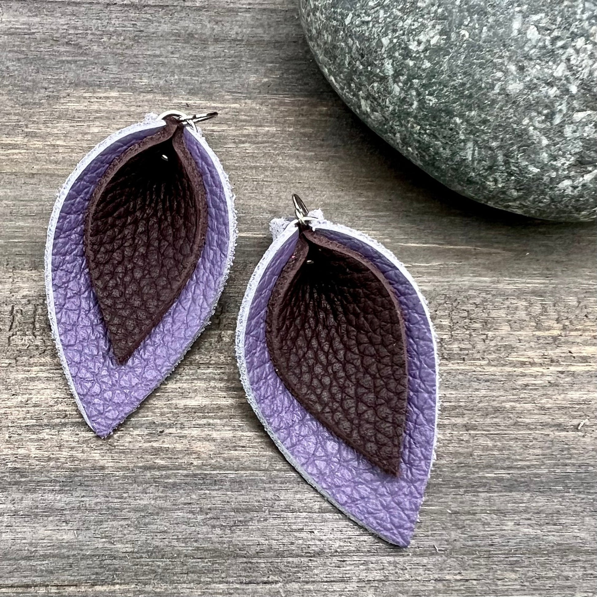 purple leather leaf earrings