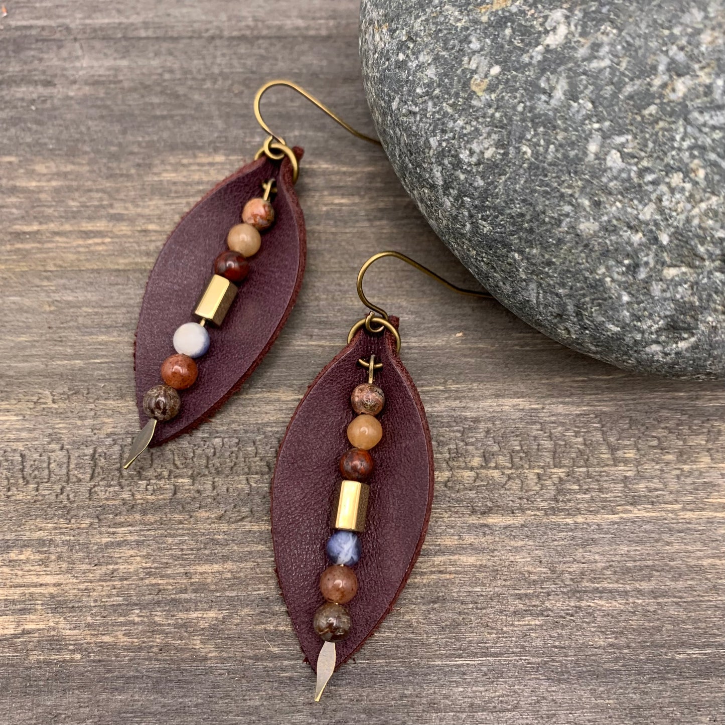 purple leather petal earrings with jasper dangle
