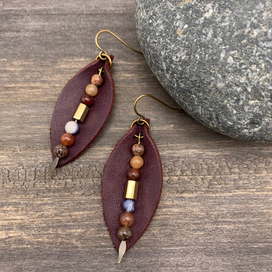 purple leather petal earrings with jasper dangle