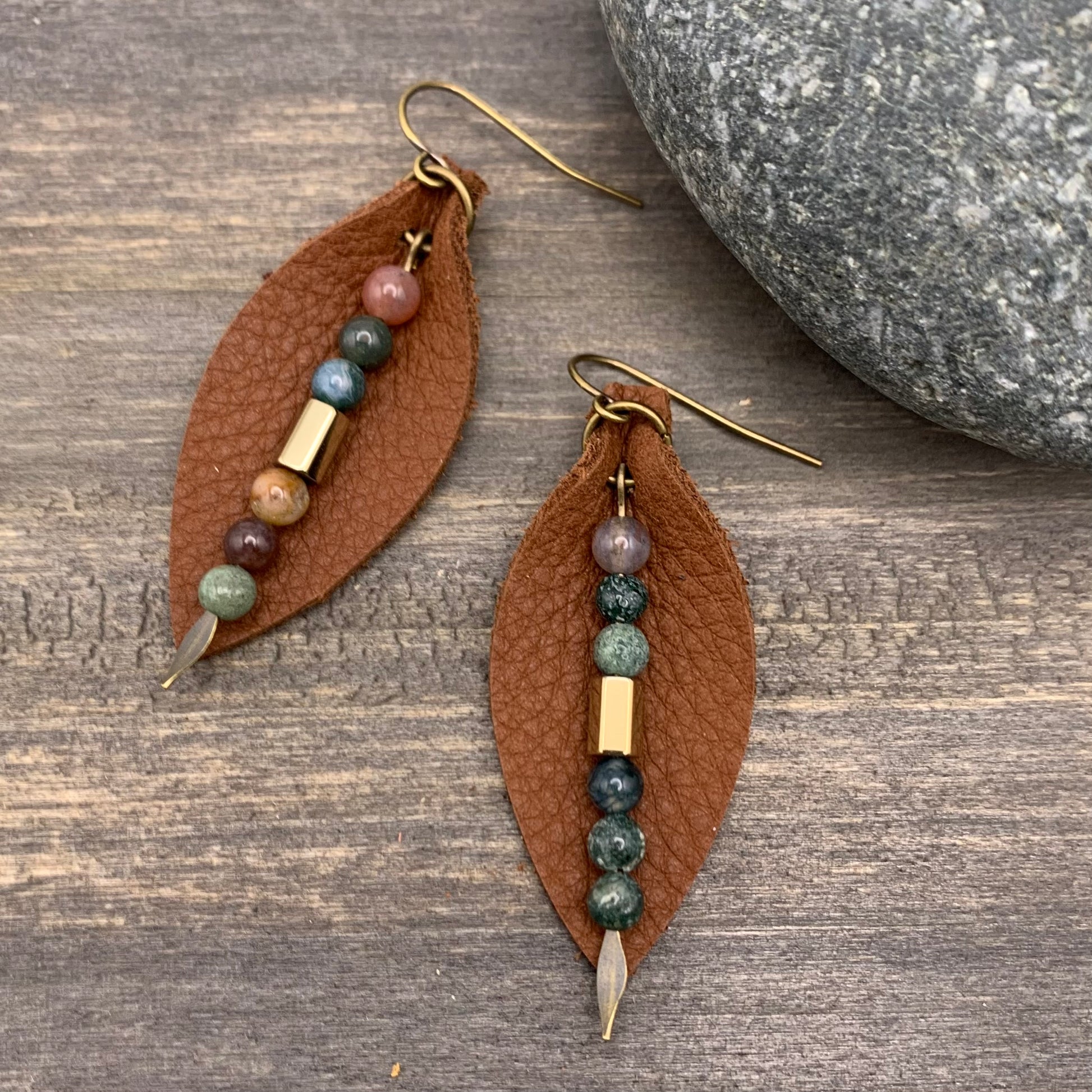 warm brown leather petal earrings with fancy jasper