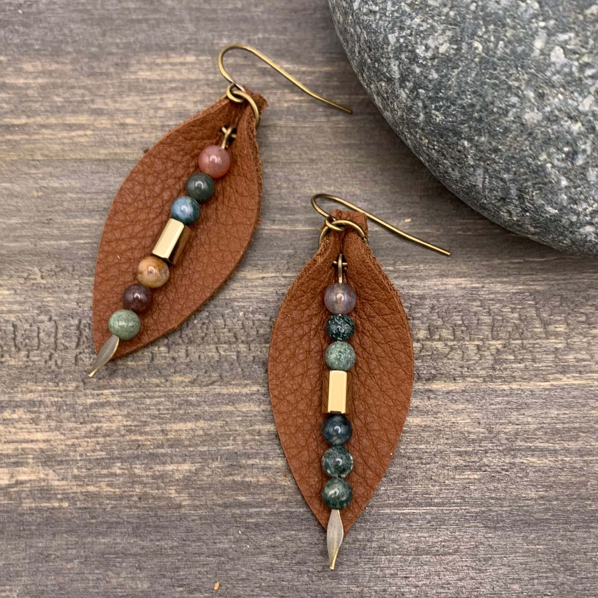Leather Petal Earrings - Warm Brown with Fancy Jasper