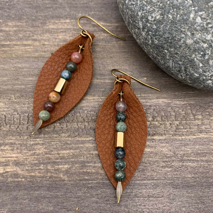 Leather Petal Earrings - Warm Brown with Fancy Jasper