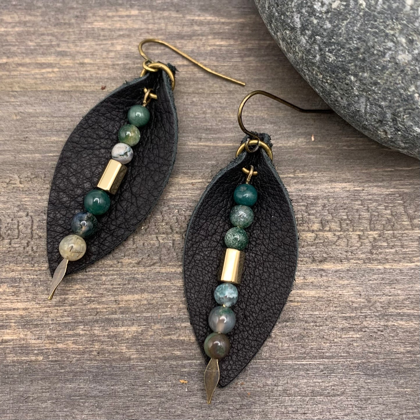 black leather earrings with jasper dangles
