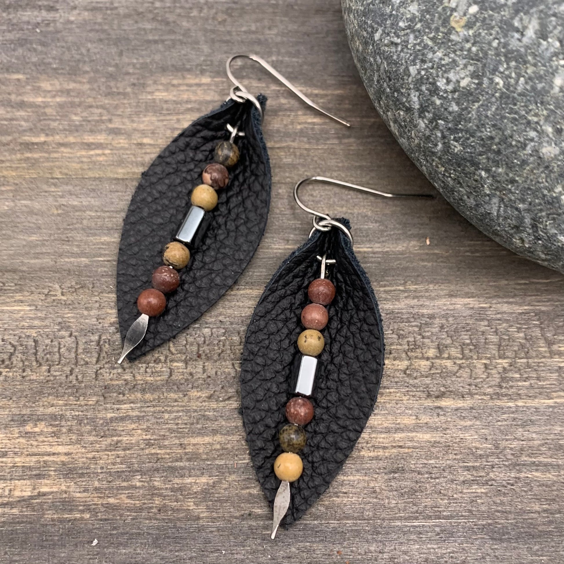 leather petal earrings with jasper dangles