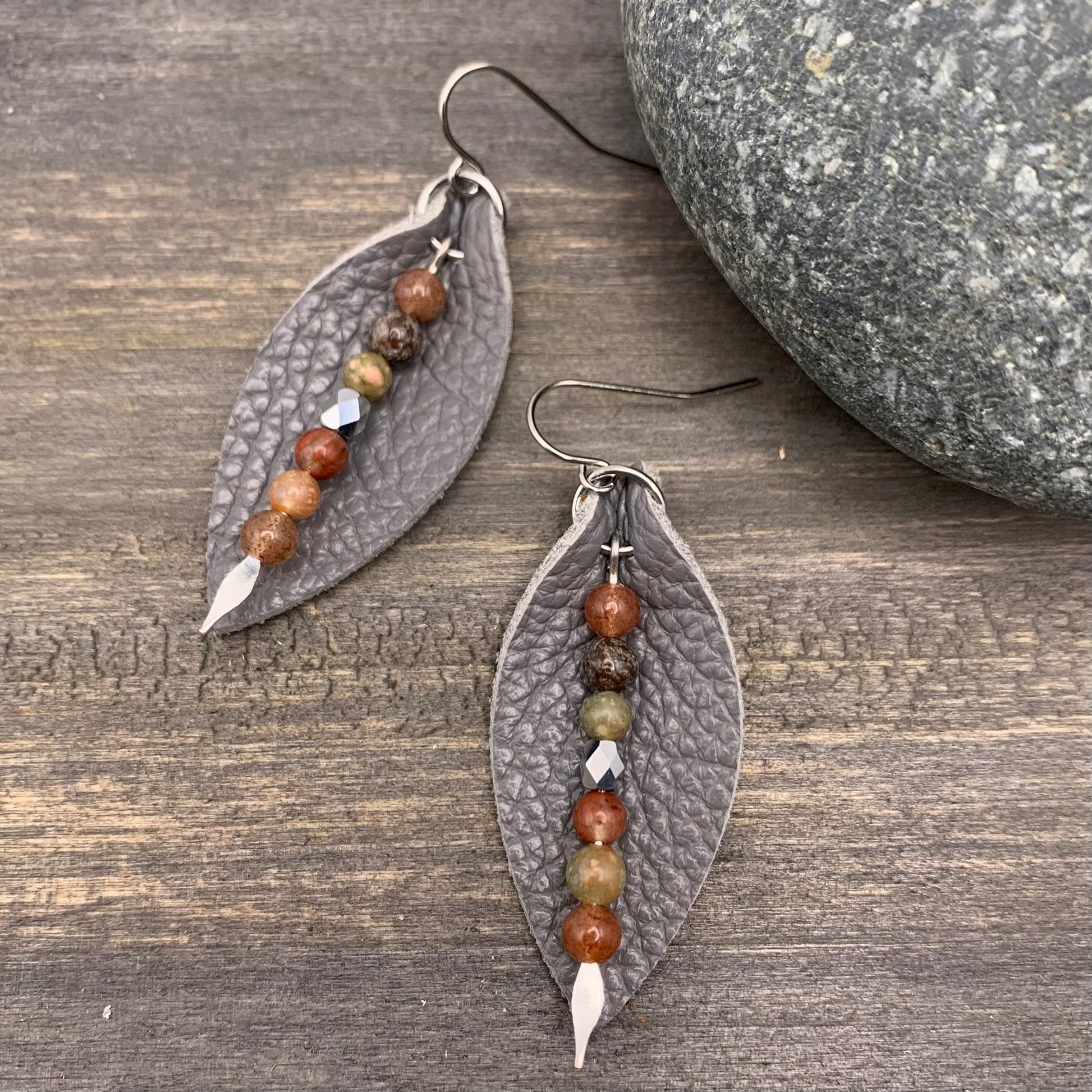 gray leather petal earrings with jasper dangles