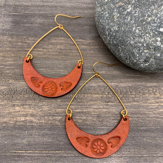 saddle tan leather crescent hoop earrings