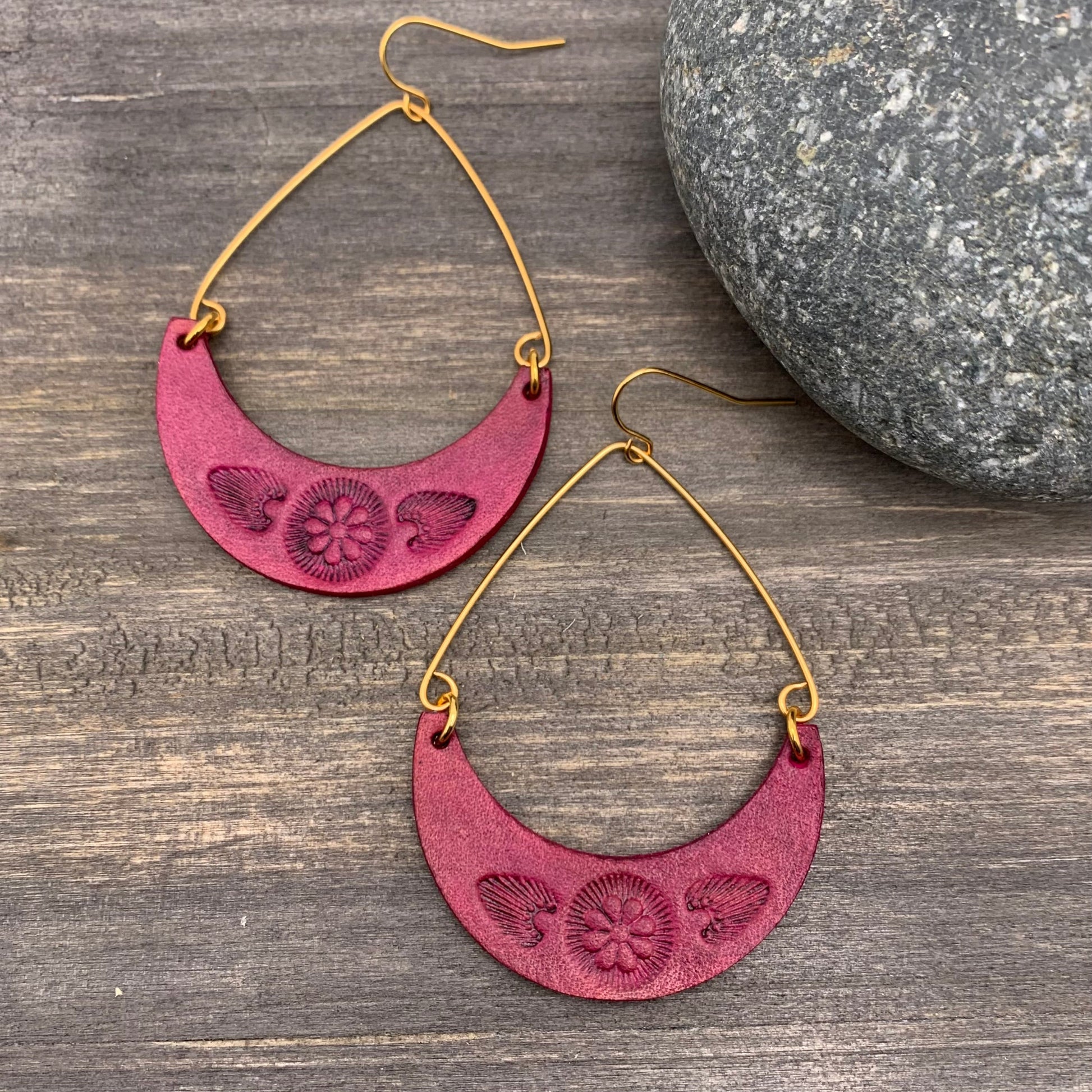 deep pink leather crescent earrings