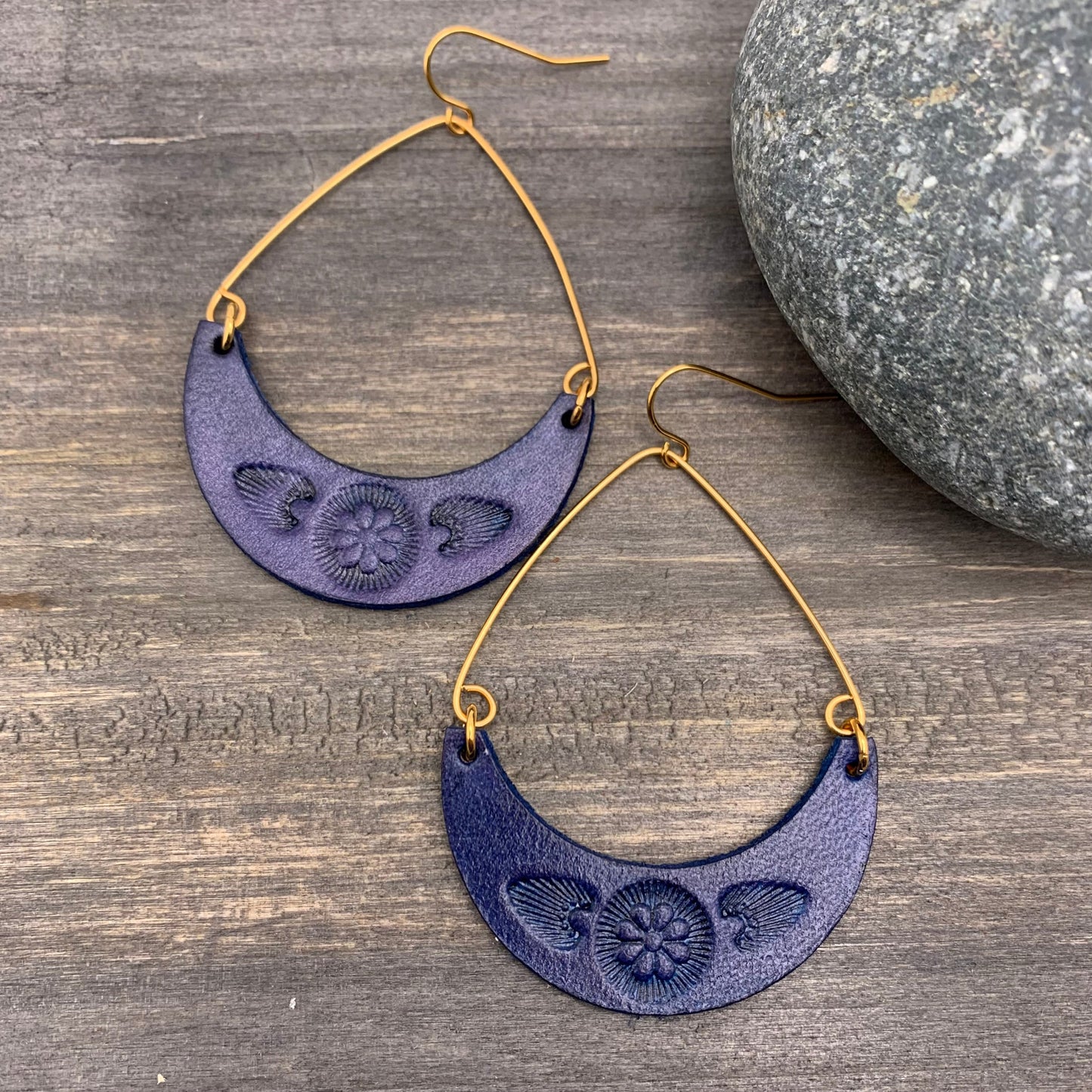 blue leather crescent hoop earrings