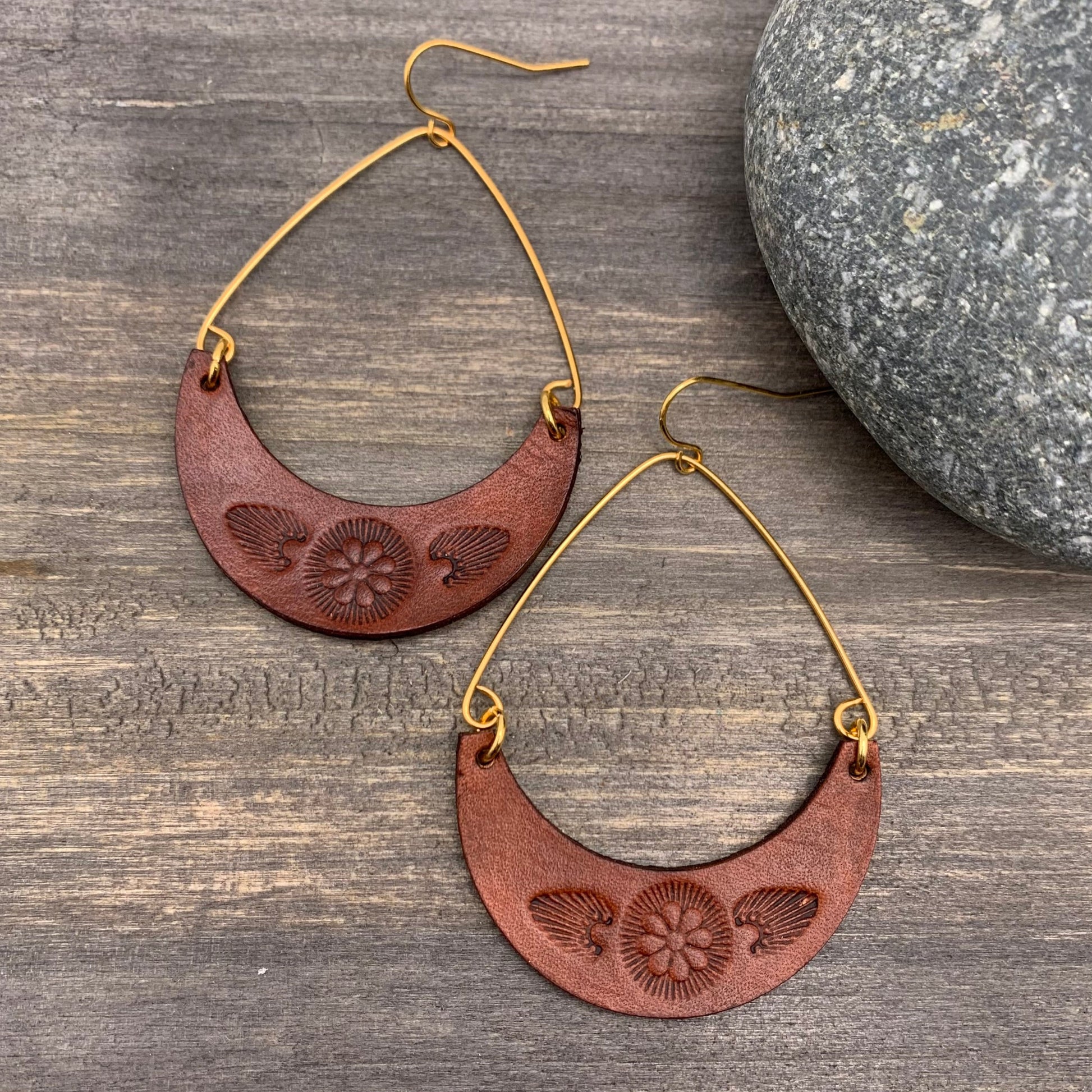 dark brown leather crescent hoop earrings