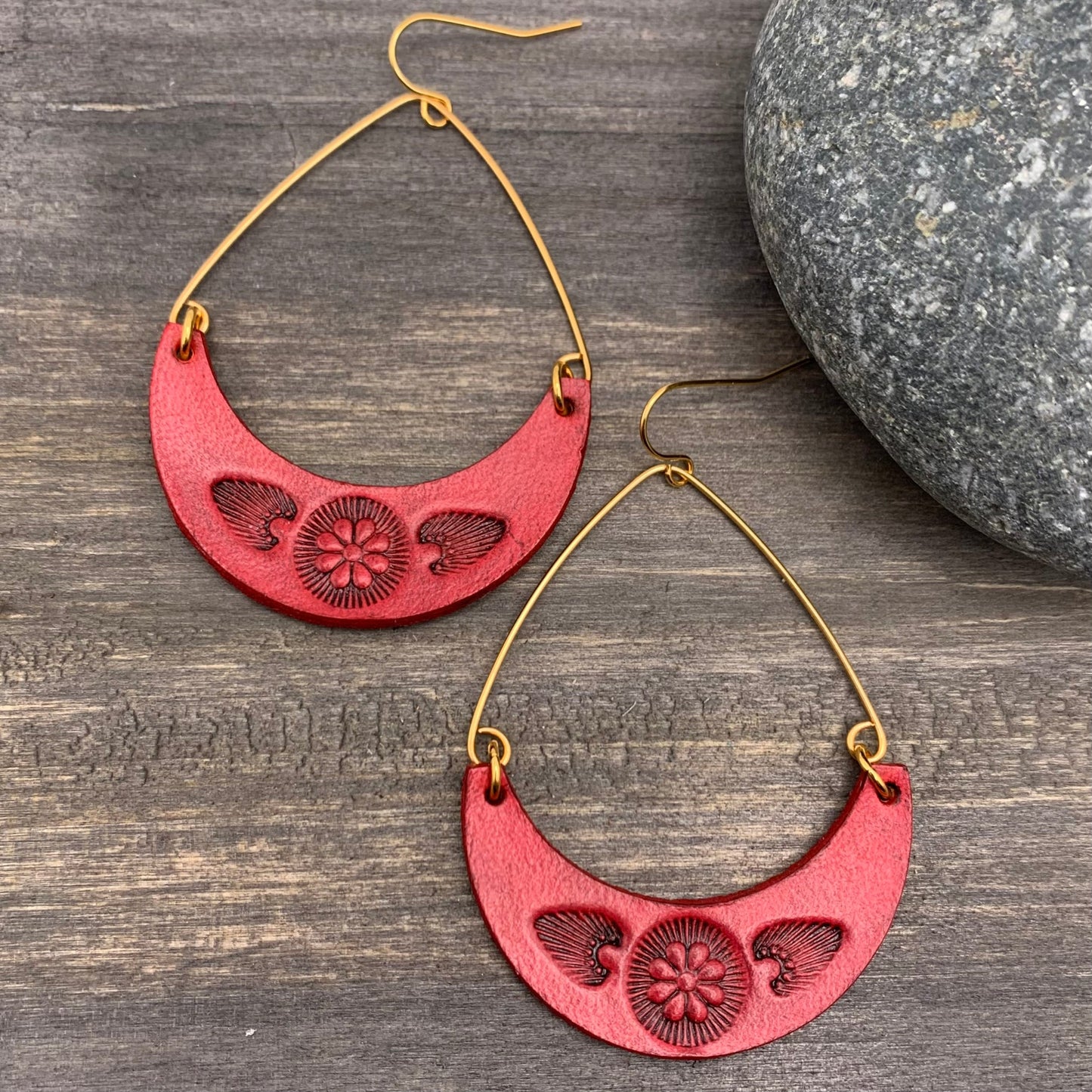 red leather crescent hoop earrings