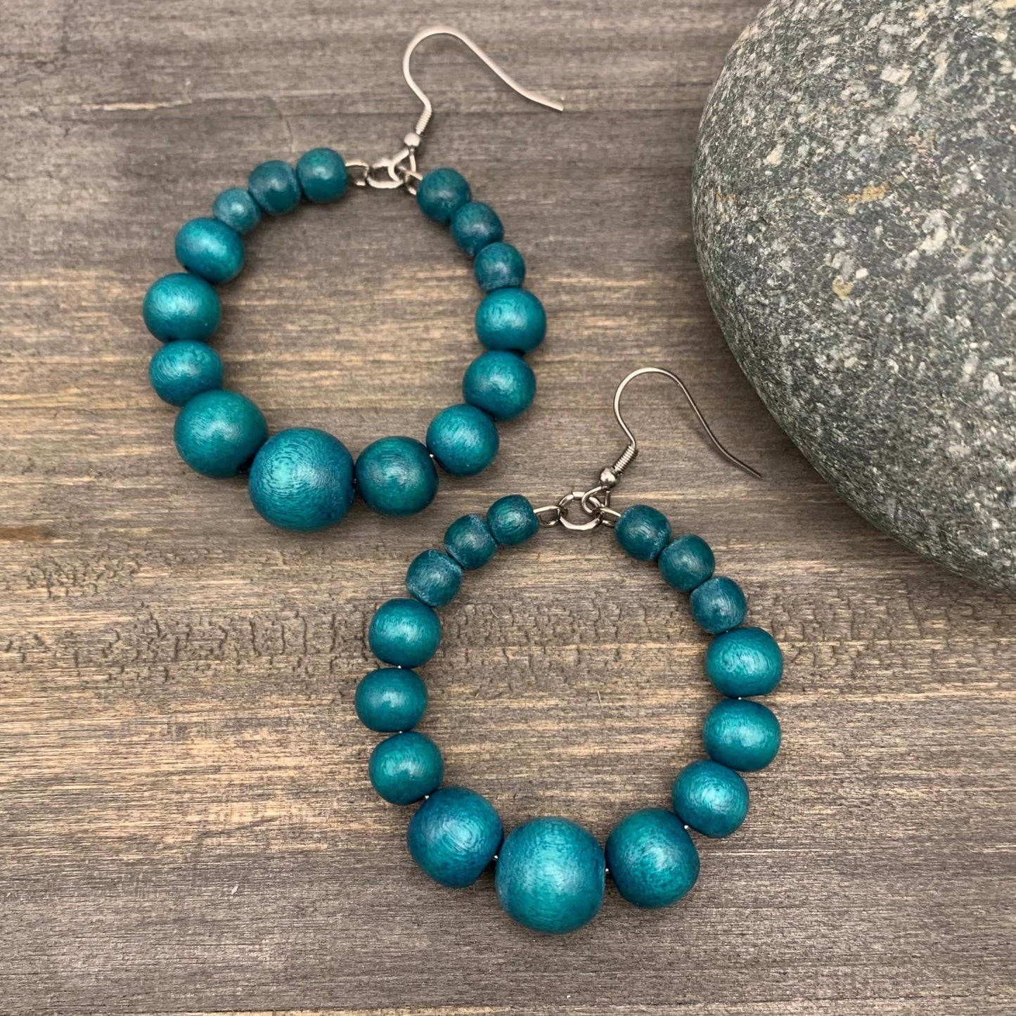 deep teal blue wood bead hoop earrings