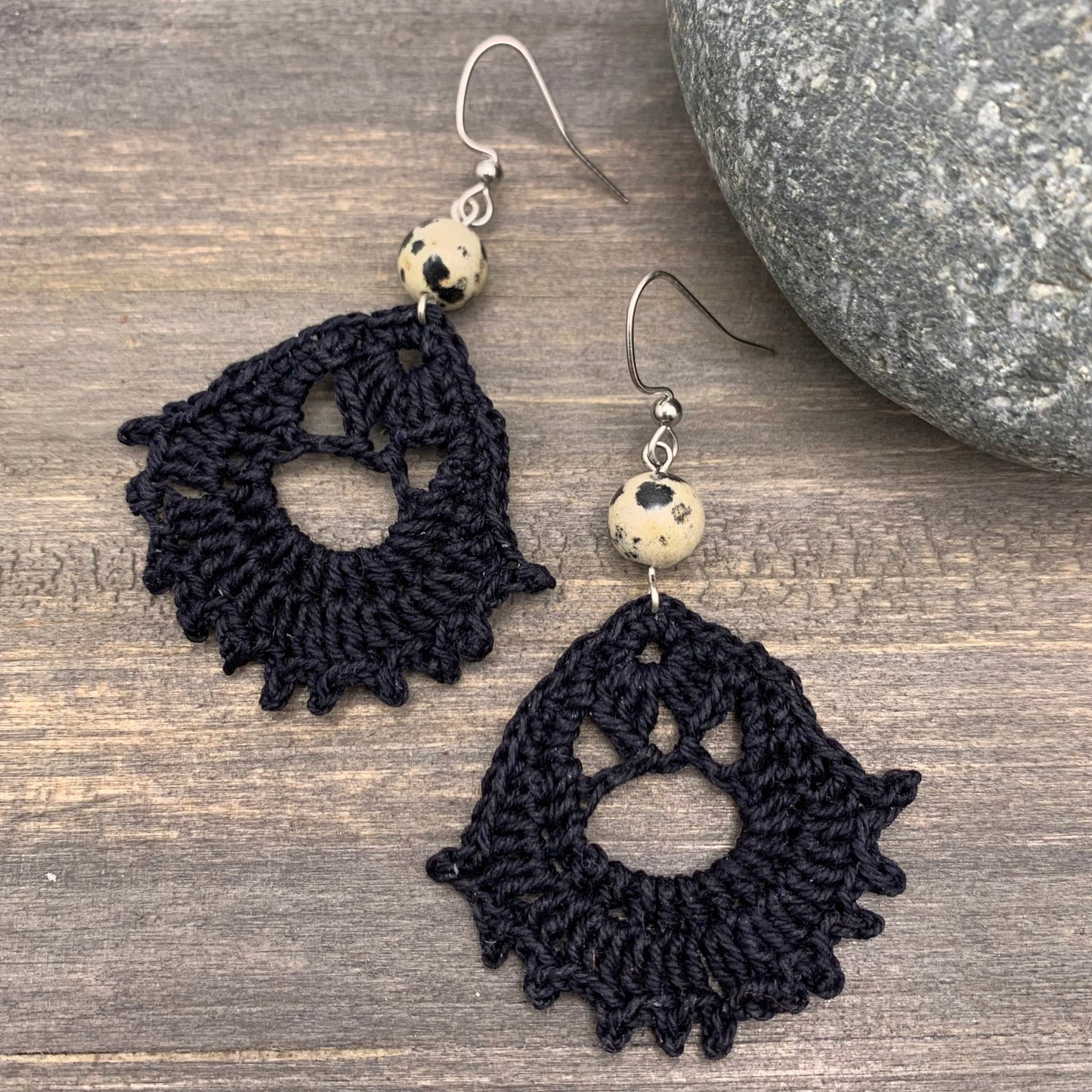 black crocheted earrings with dalmatian jasper by Lindsay Streem Designs