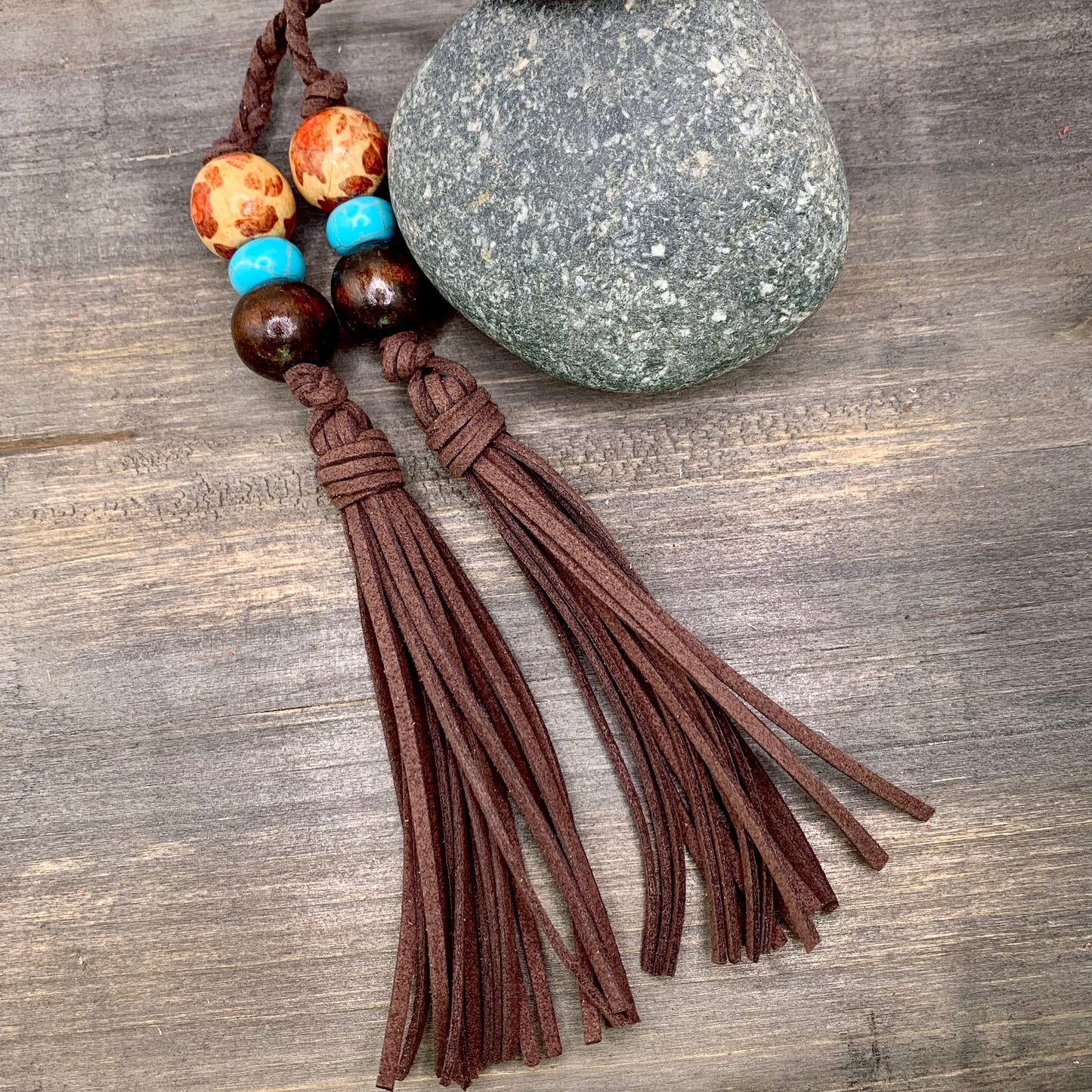 Tassel Bag Charm - Double Tassel in Brown with Beads