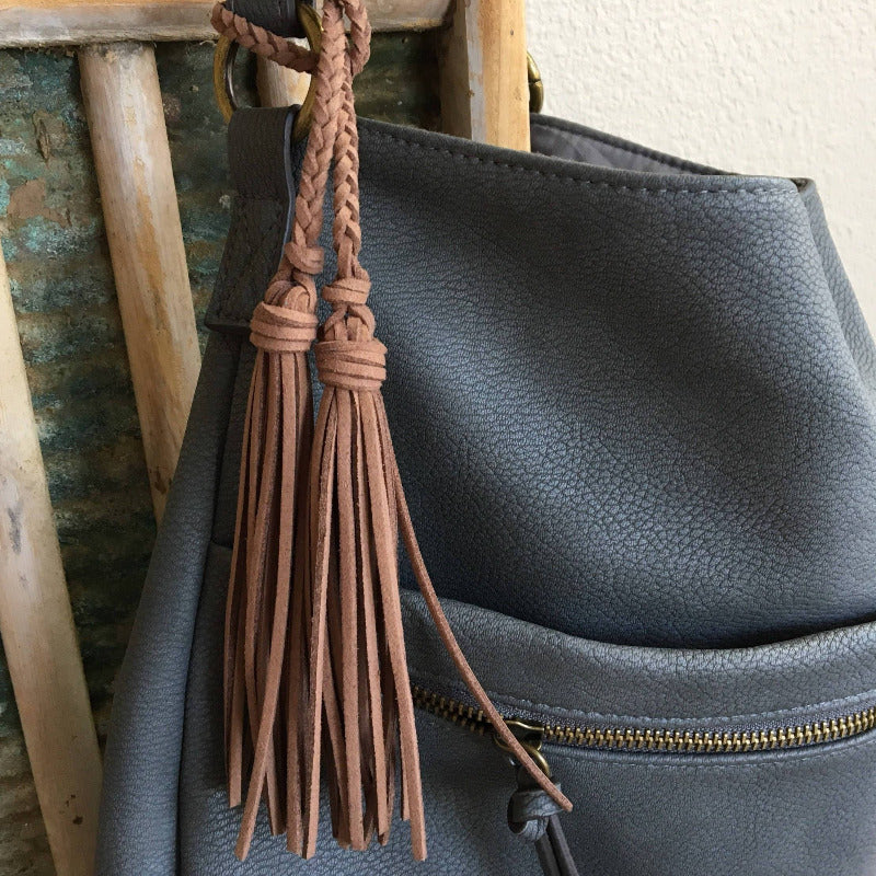 Bag charm faux leather double tassel with braid for handbag