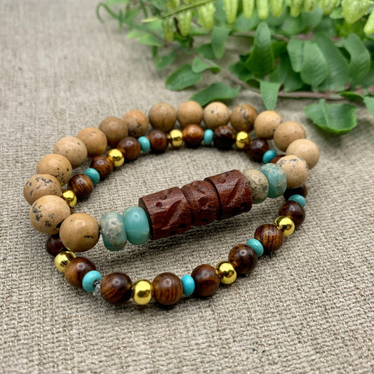 stetch bracelet stack of wood and jasper beads