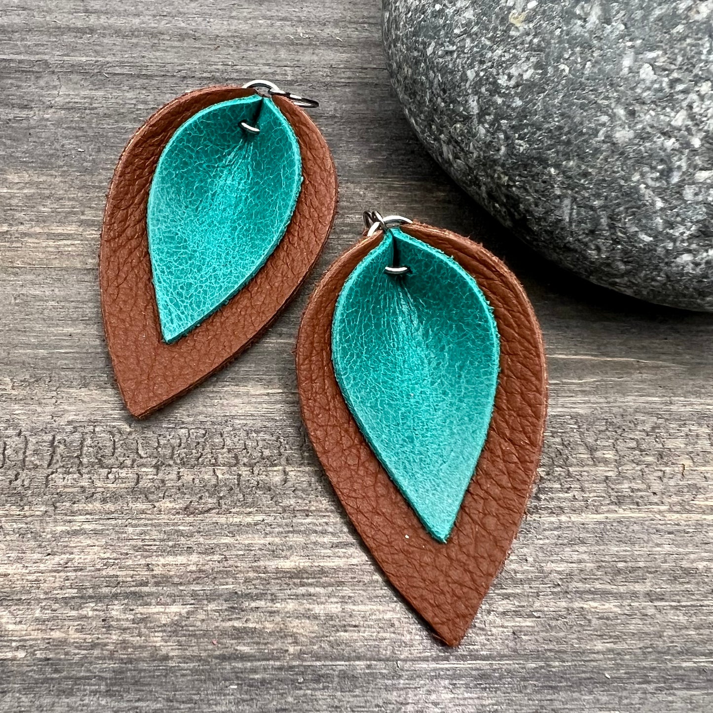 Layered Leather Leaf Earrings- Turquoise Blue on Warm Brown