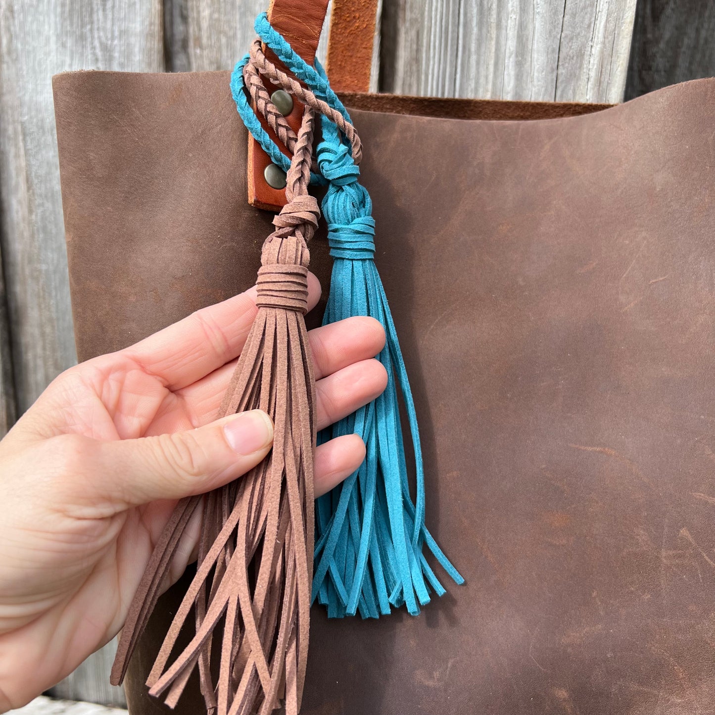 faux suede tassel purse charm with loop for tote strap