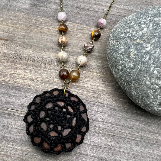 crocheted mandala pendant necklace with natural stones for stregnth and healing