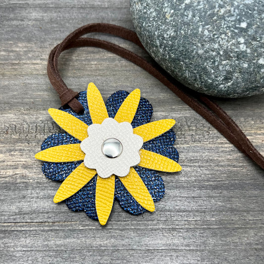 white,blue and yellow leather flower purse charm