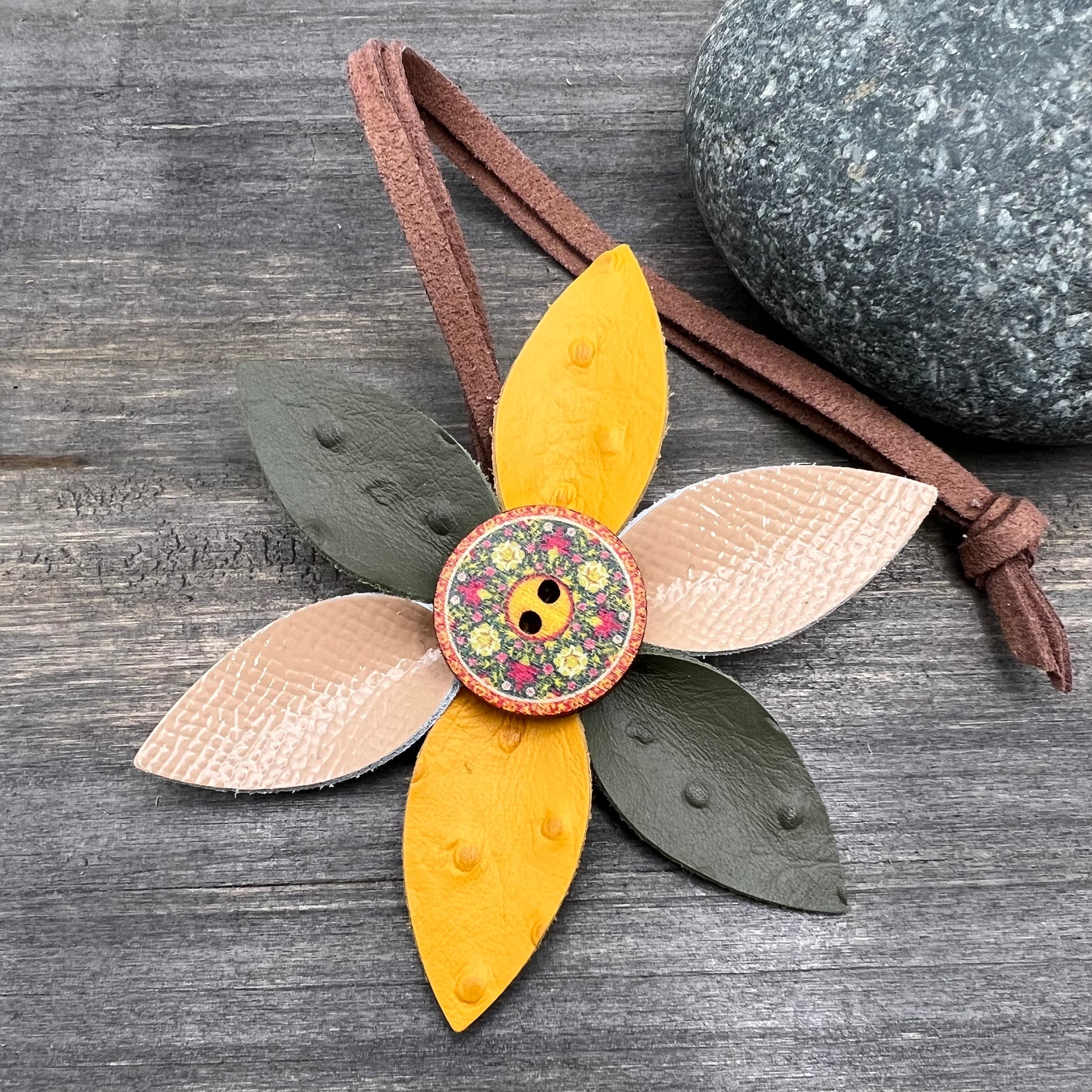 Leather Flower Bag Charm with Tote Loop Multi with Yellow