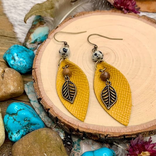 Leather Feather Dangle Earrings in Yellow