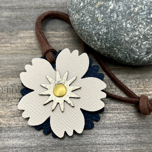 white and navy leather flower charm for tote or handbag