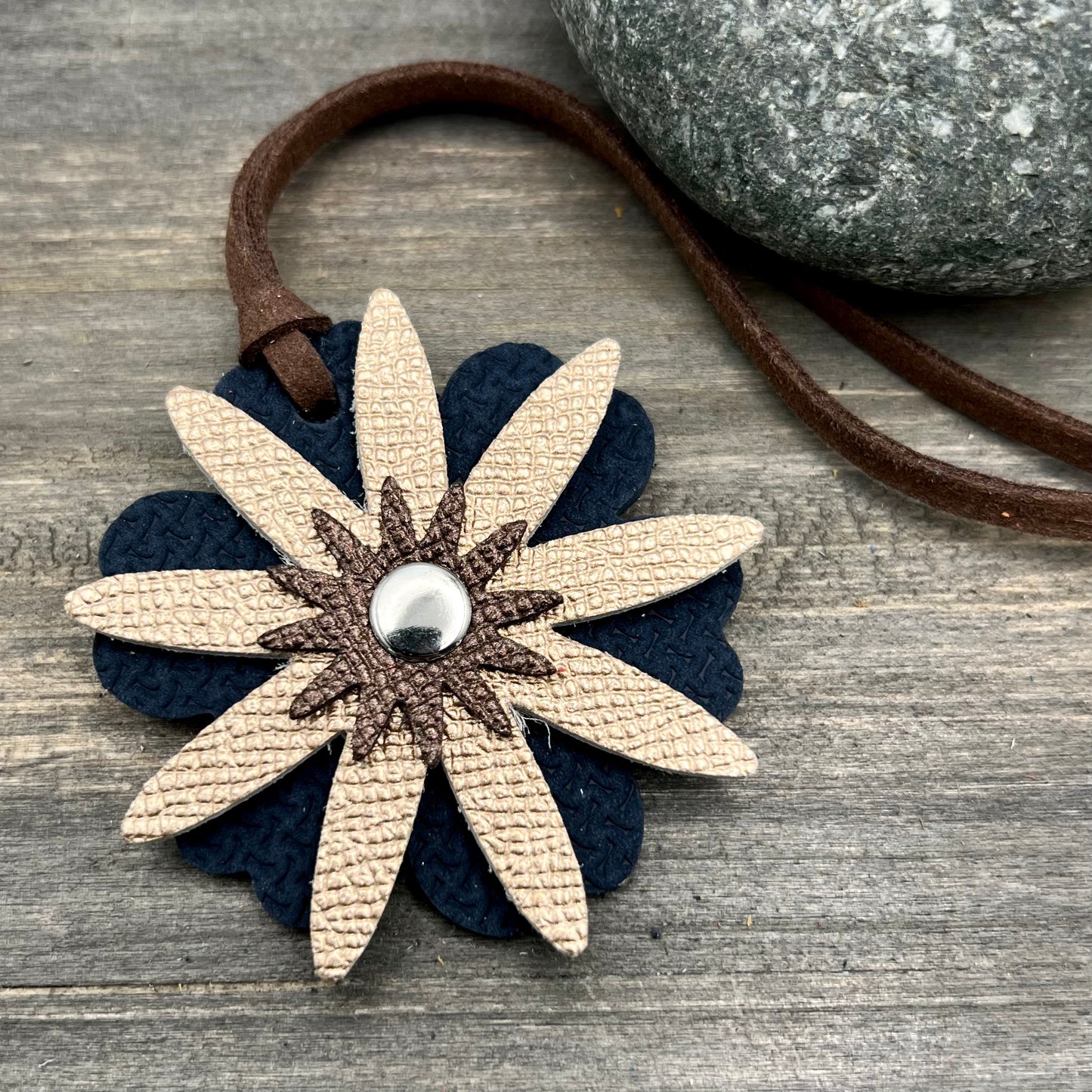 navy, rose gold and bronze small leather flower bag charm