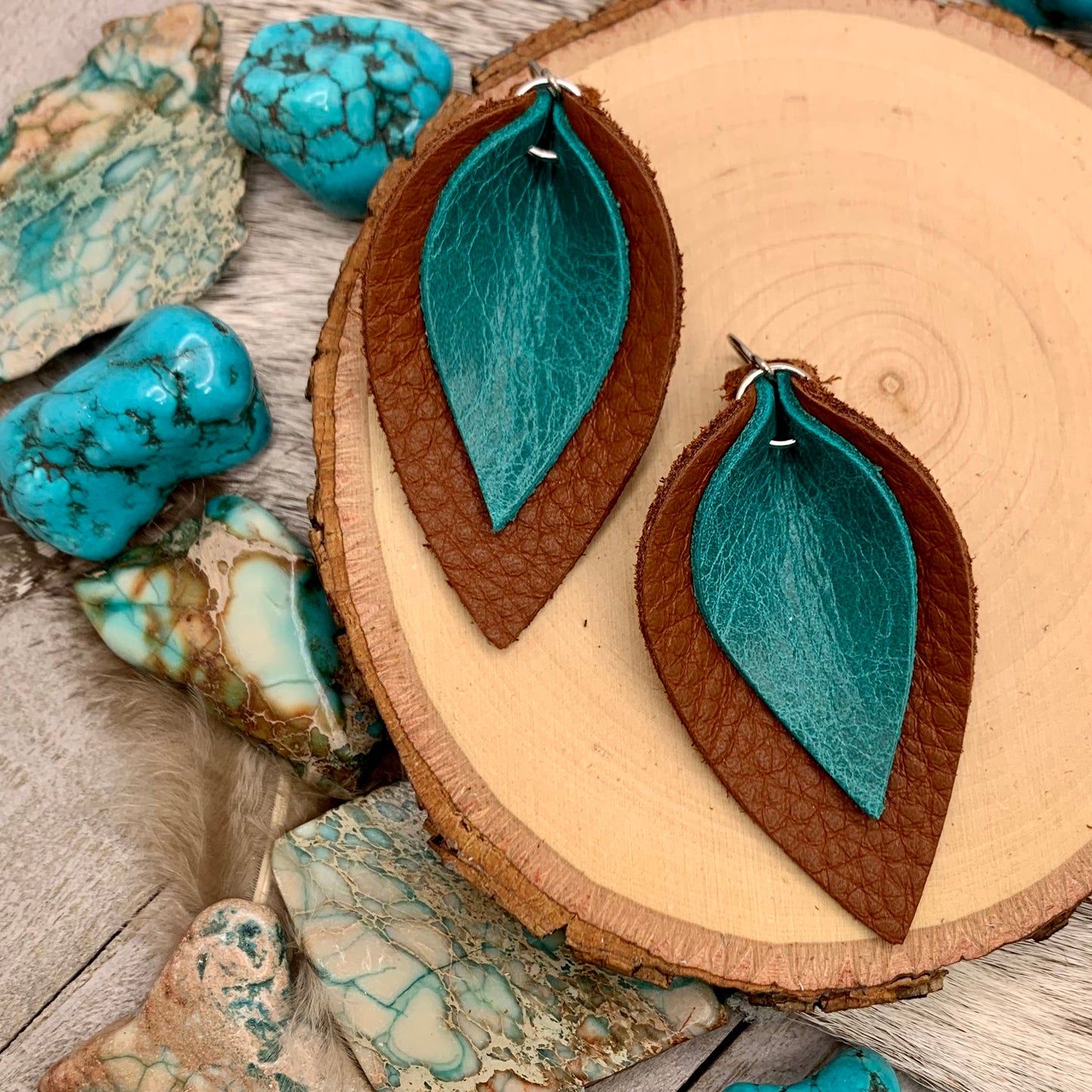 turquoise blue on brown leather leaf earrings
