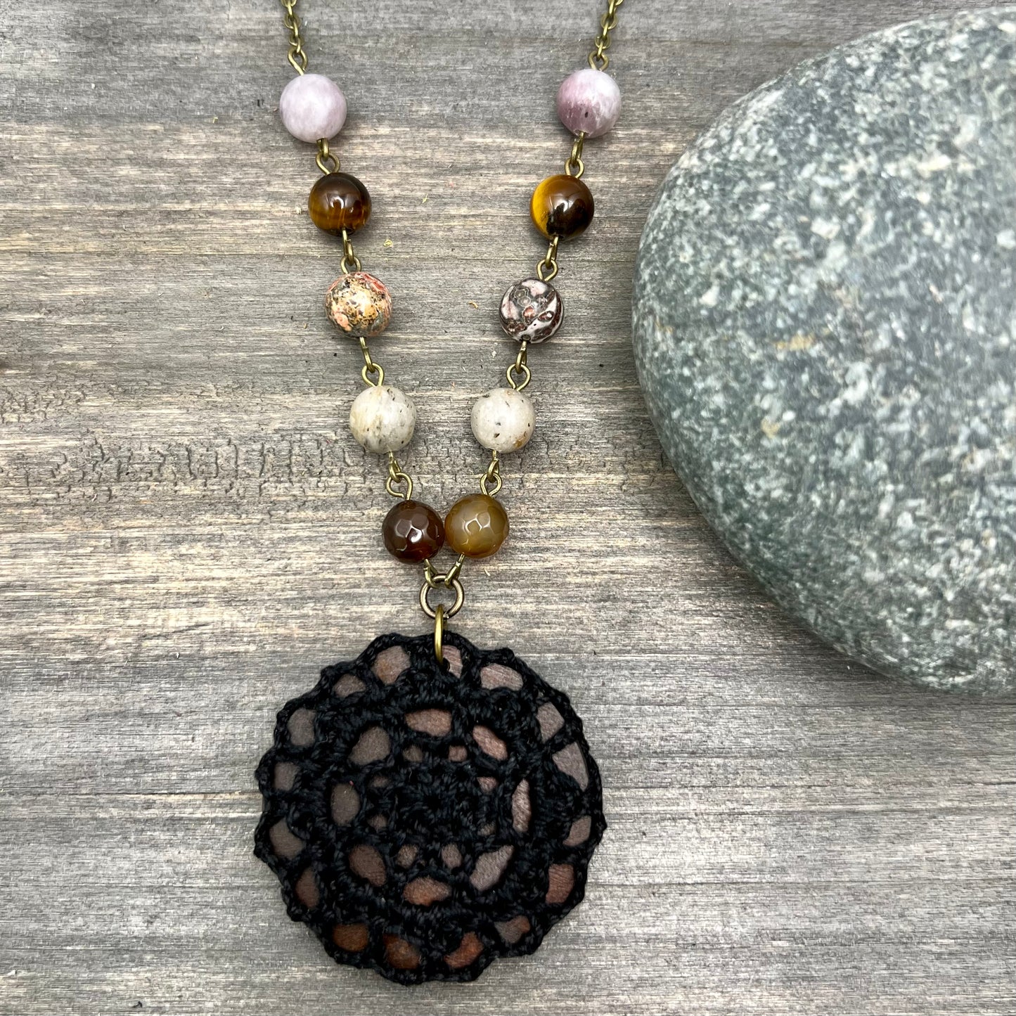 Boho Crochet Pendant Statement Necklace -  Small Mandala Pendant in Black
